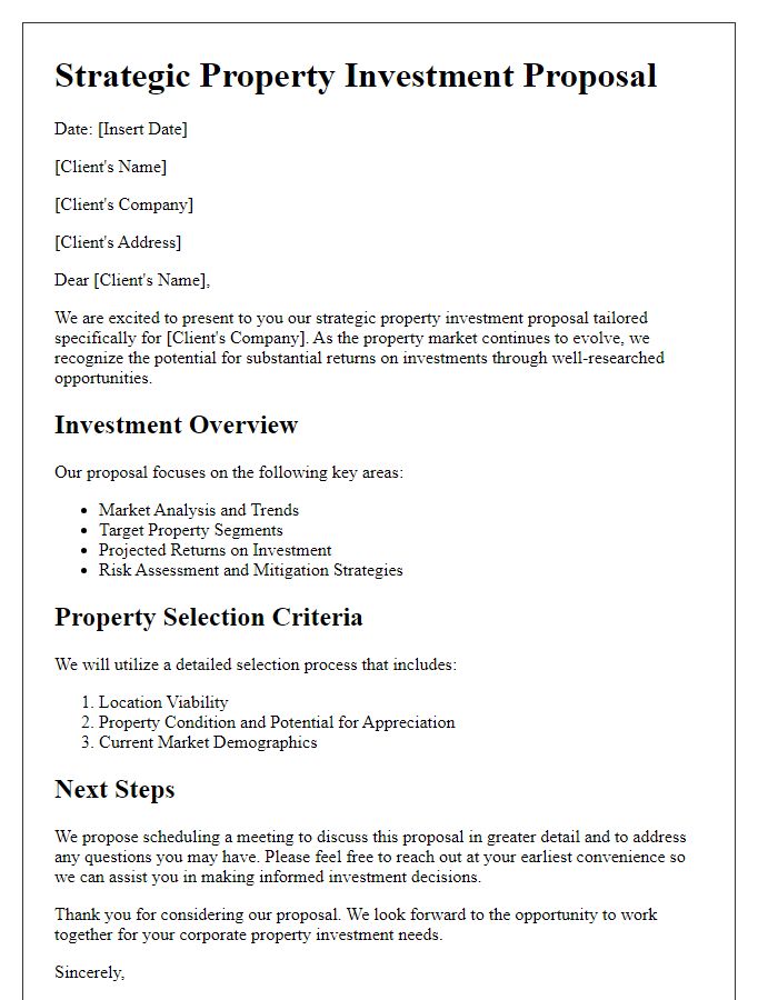 Letter template of strategic property investment proposal for corporate clients.