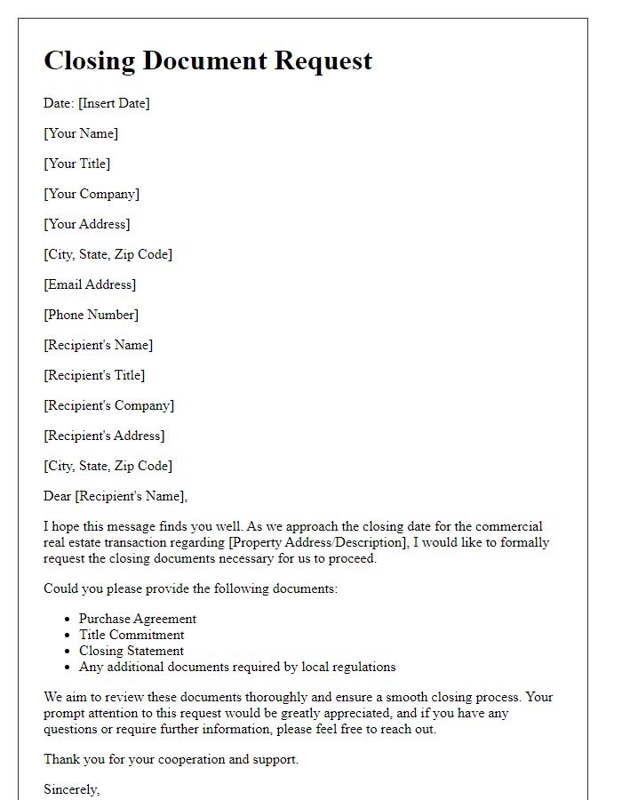 Letter template of closing document request for commercial real estate