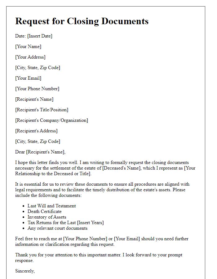 Letter template of closing document request for estate settlement