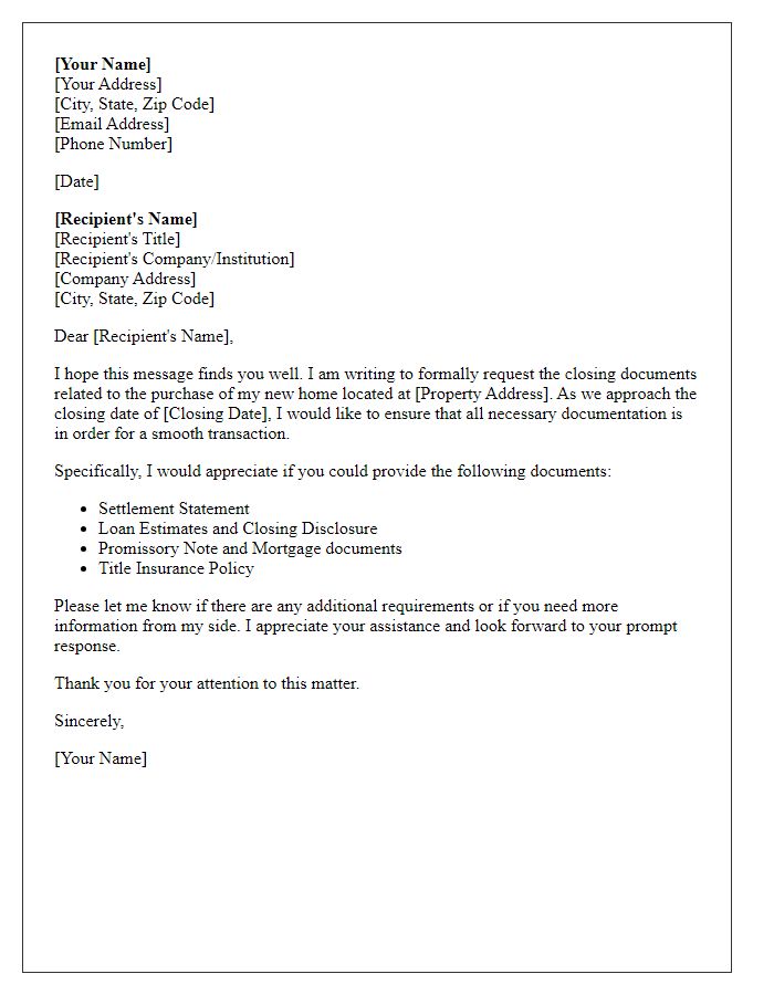 Letter template of closing document request for home purchase