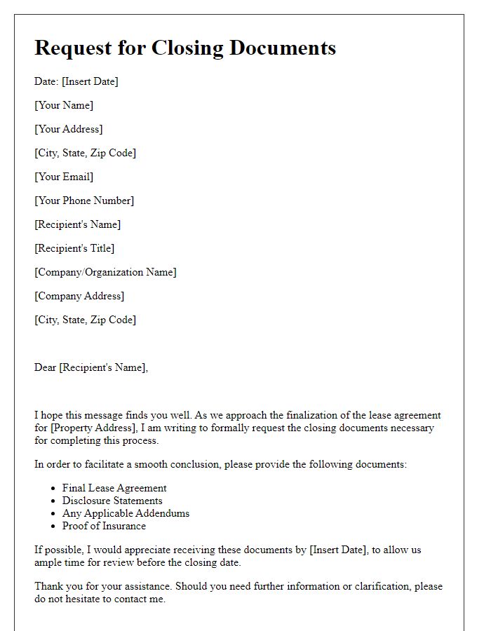 Letter template of closing document request for lease agreement finalization