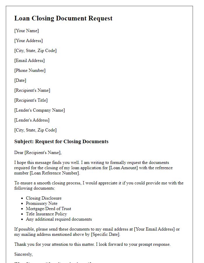 Letter template of closing document request for loan closing