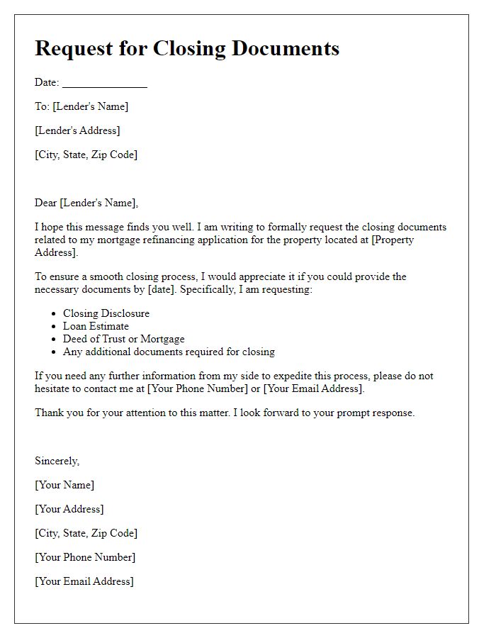 Letter template of closing document request for mortgage refinancing