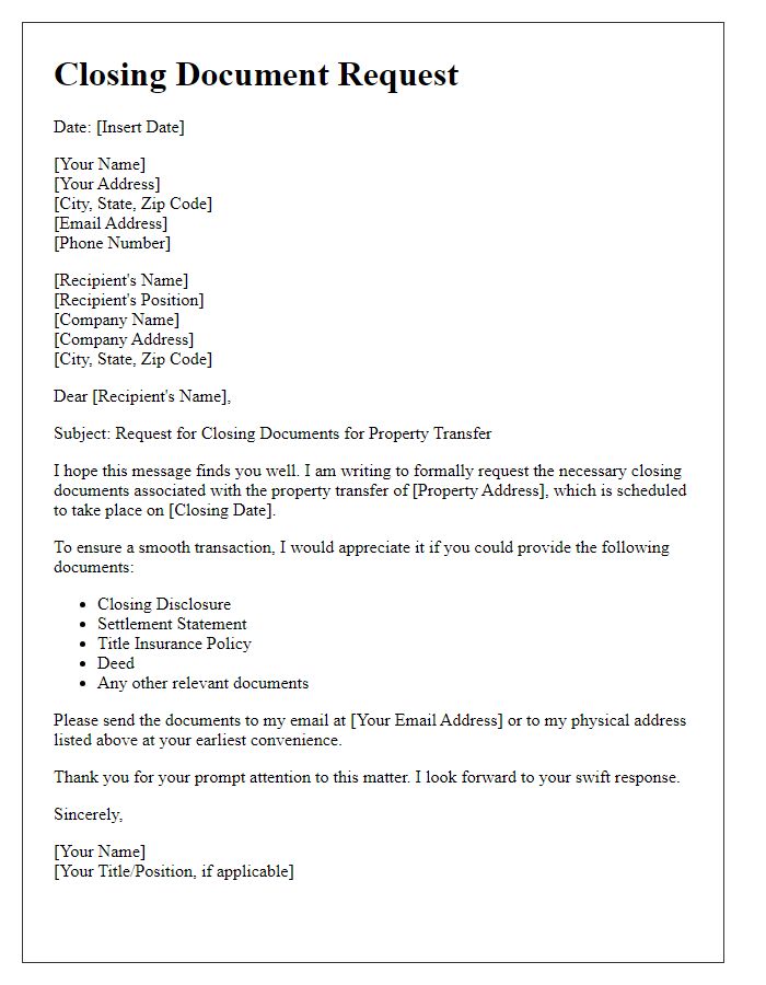 Letter template of closing document request for property transfer