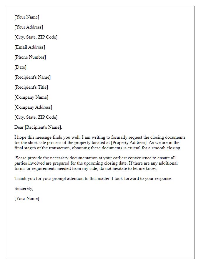 Letter template of closing document request for short sale process