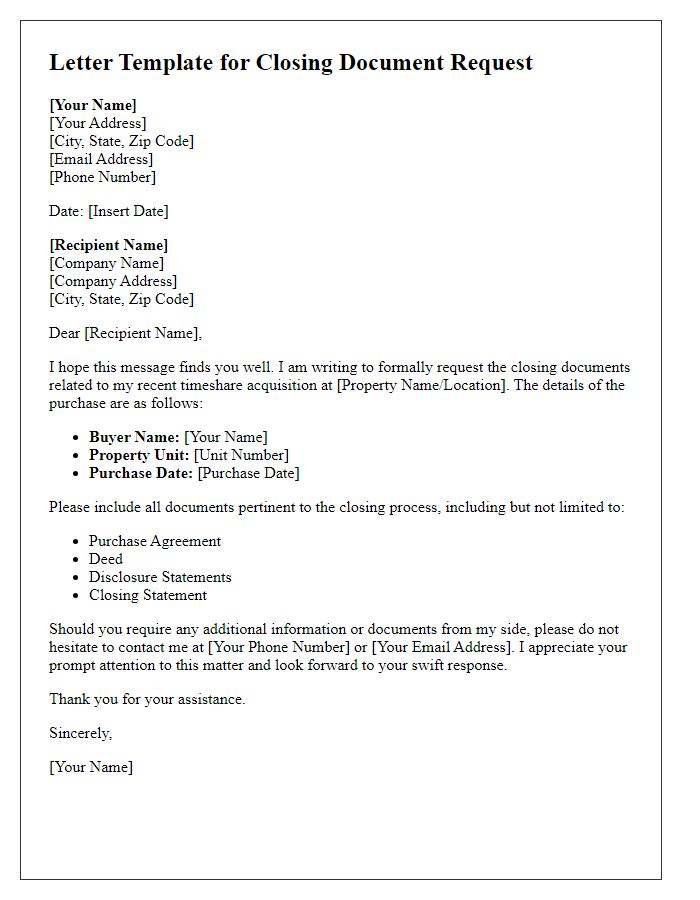 Letter template of closing document request for timeshare acquisition