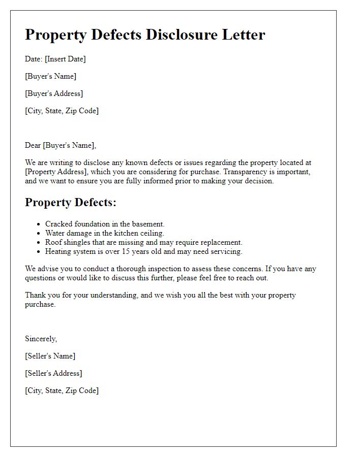 Letter template of Property Defects Disclosure for Buyers