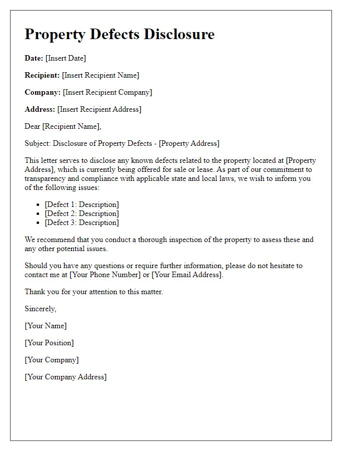 Letter template of Property Defects Disclosure for Commercial Real Estate