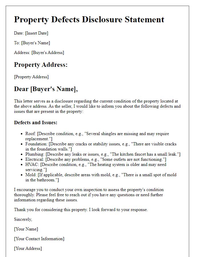 Letter template of Property Defects Disclosure for Fixer-Upper Properties