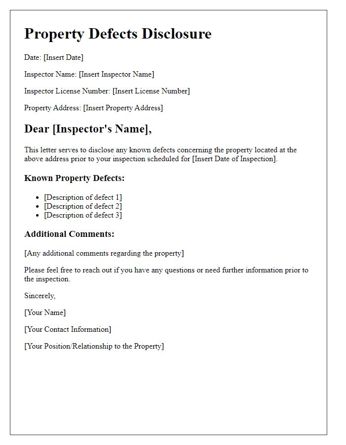 Letter template of Property Defects Disclosure for Inspectors