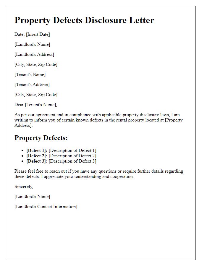 Letter template of Property Defects Disclosure for Landlords