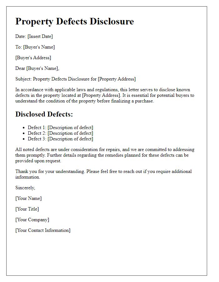 Letter template of Property Defects Disclosure for Newly Built Homes