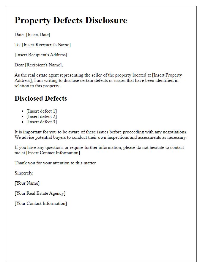 Letter template of Property Defects Disclosure for Real Estate Agents