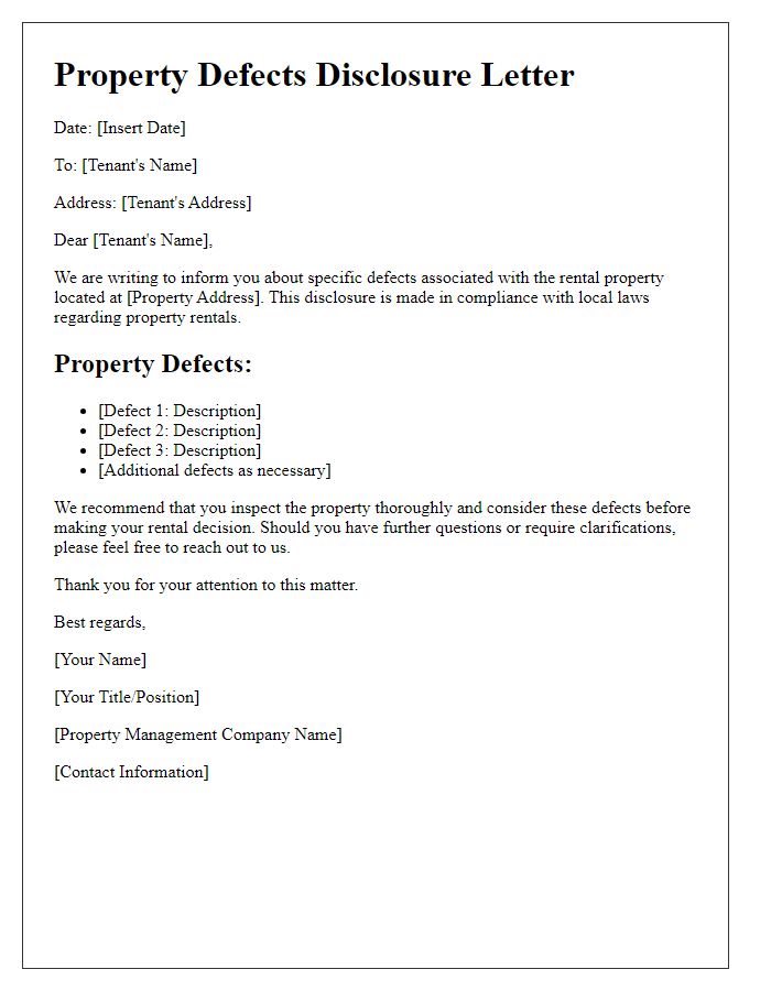 Letter template of Property Defects Disclosure for Rental Properties