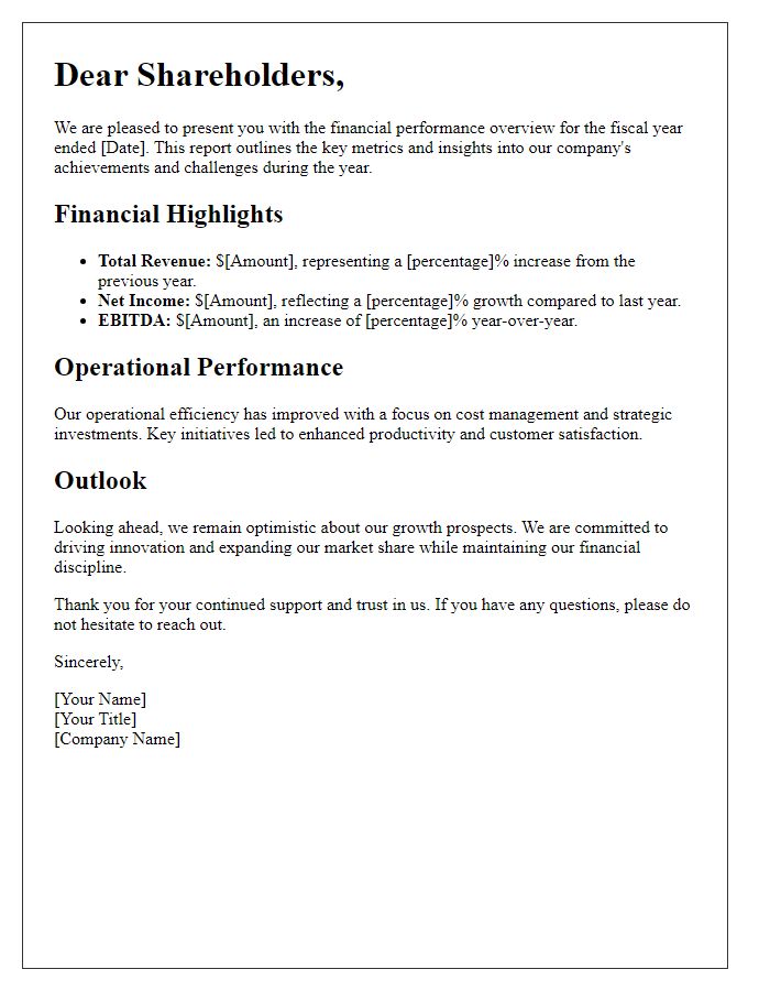 Letter template of financial performance overview for shareholders