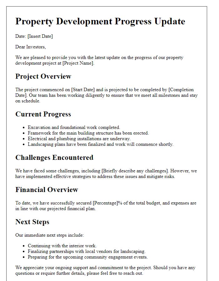 Letter template of property development progress for investors