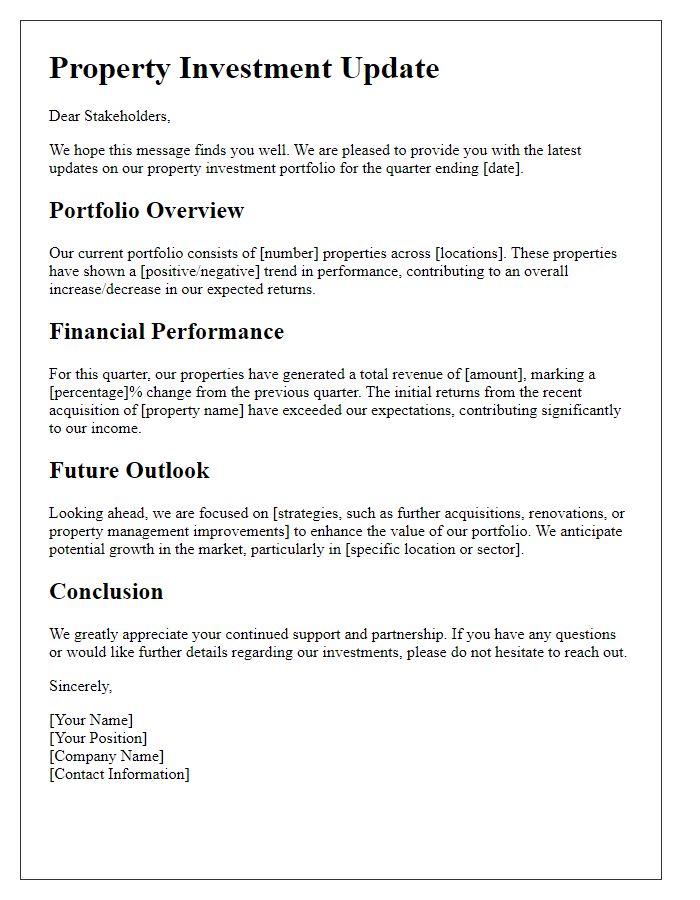 Letter template of property investment update for stakeholders