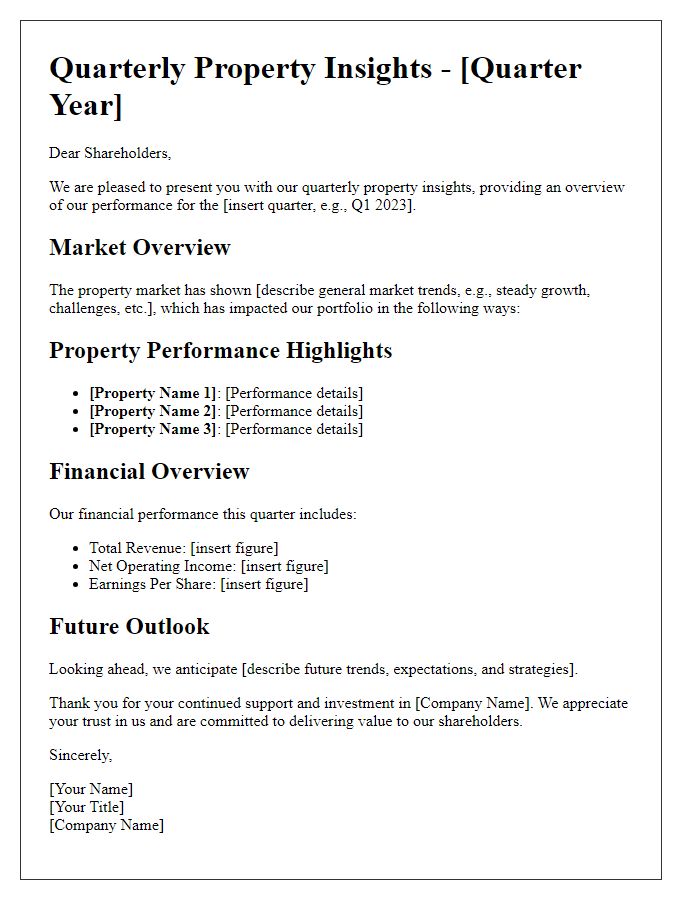 Letter template of quarterly property insights for shareholders