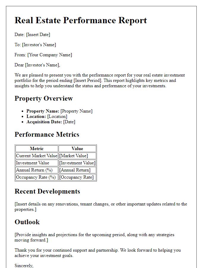 Letter template of real estate performance report for investors