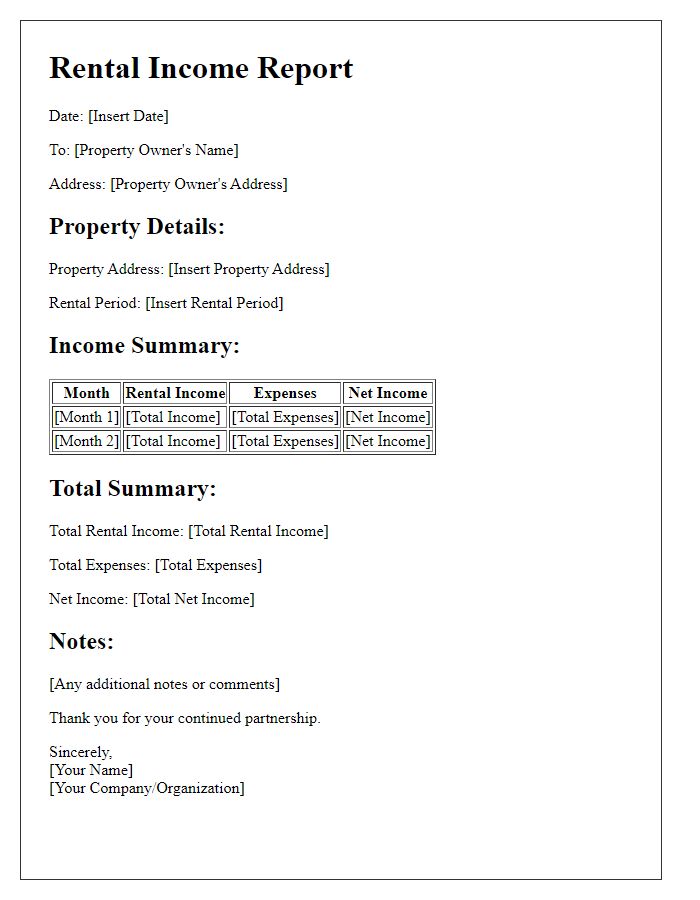 Letter template of rental income report for property owners