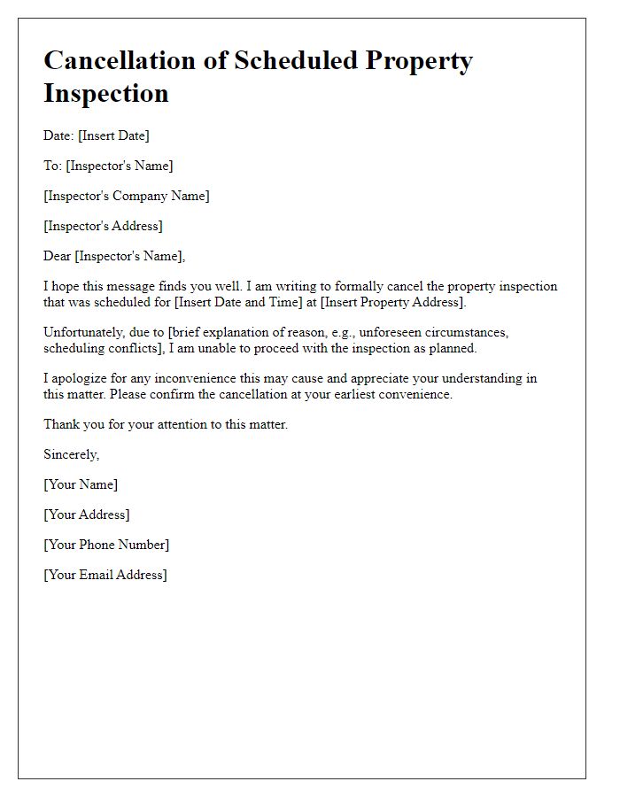 Letter template of Canceling Planned Property Inspection