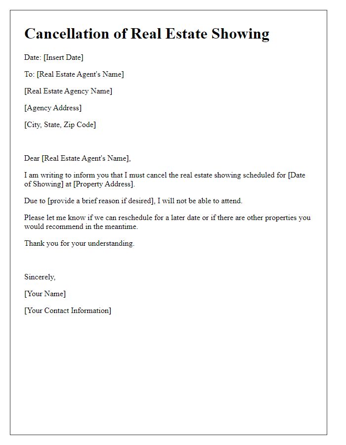 Letter template of Cancellation of Real Estate Showing