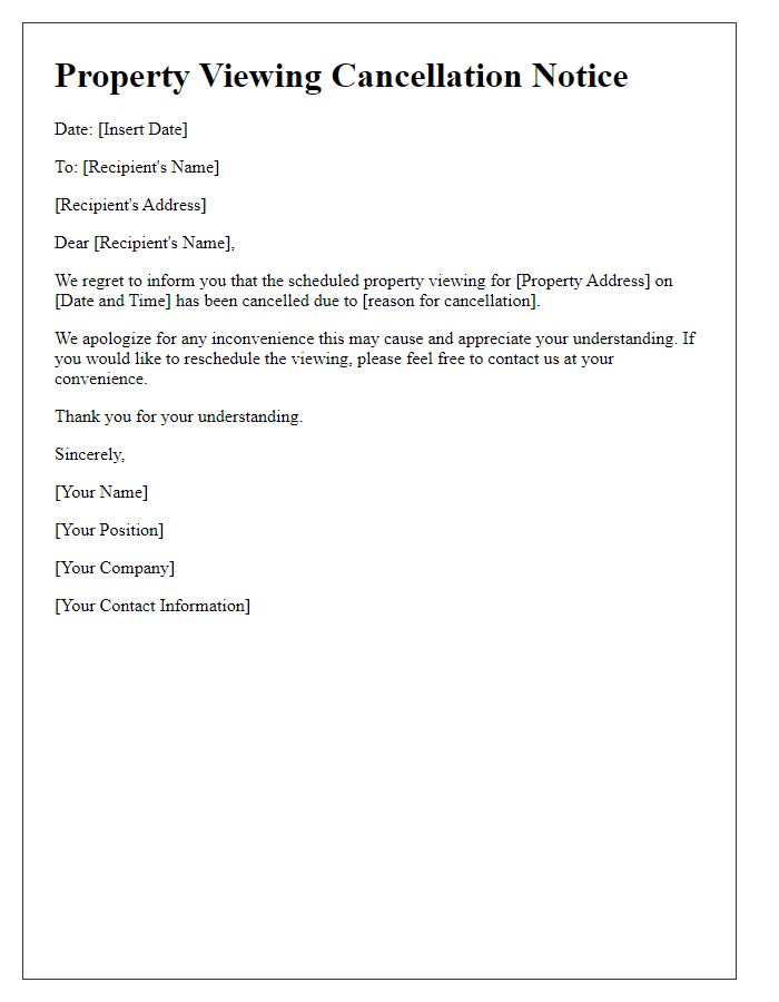 Letter template of Property Viewing Cancellation Notice