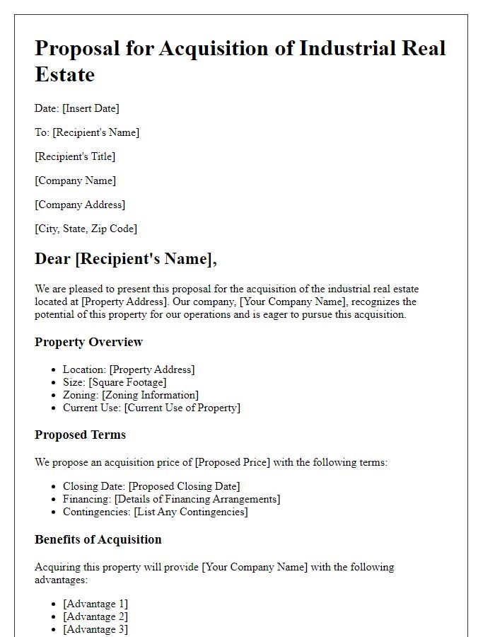 Letter template of industrial real estate acquisition proposal.