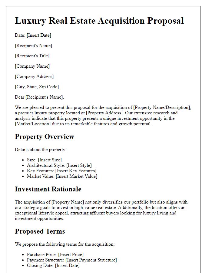 Letter template of luxury real estate acquisition proposal.