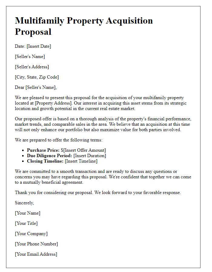 Letter template of multifamily property acquisition proposal.