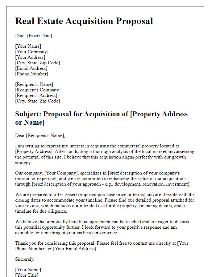 Letter template of real estate acquisition proposal for commercial property.