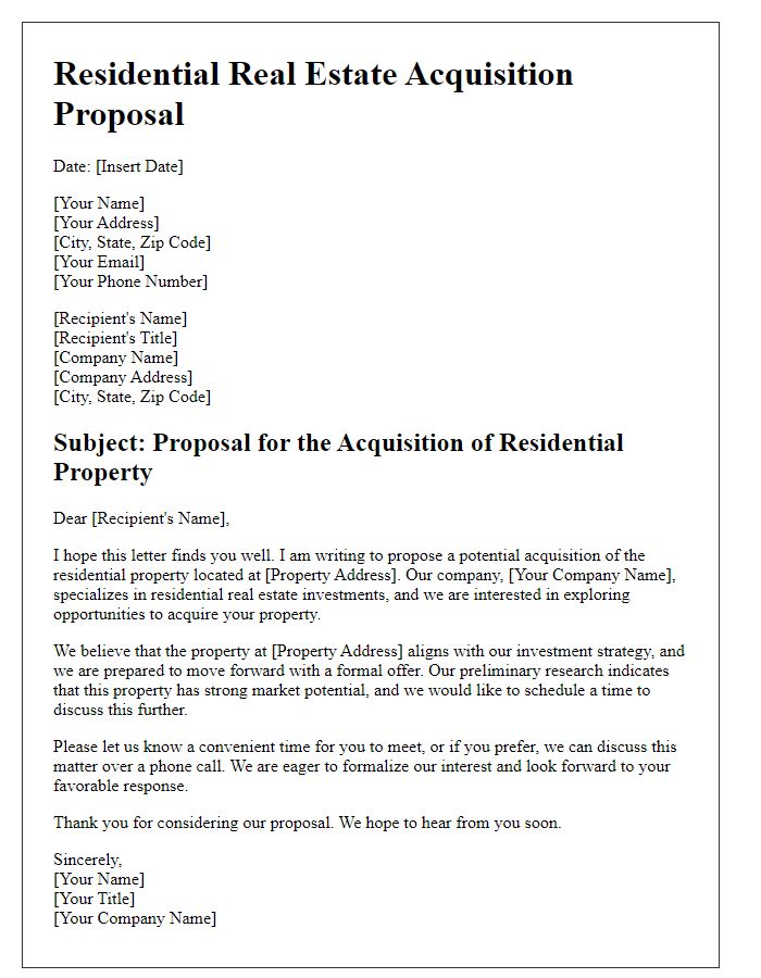 Letter template of residential real estate acquisition proposal.