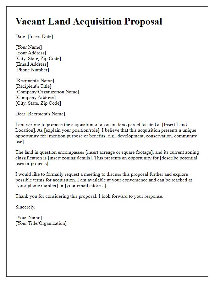 Letter template of vacant land acquisition proposal.