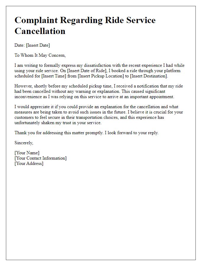 Letter template of ride service complaint for cancellation issues.