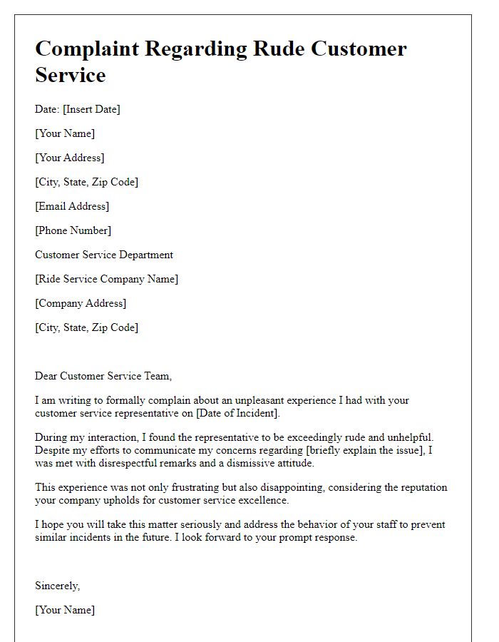 Letter template of ride service complaint for rude customer service.