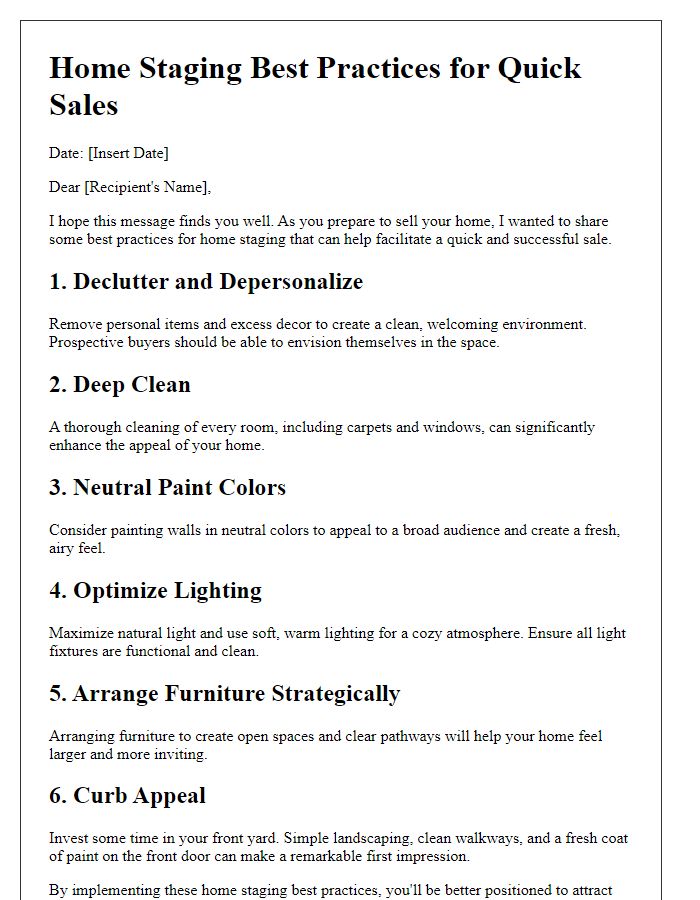 Letter template of home staging best practices for quick sales.