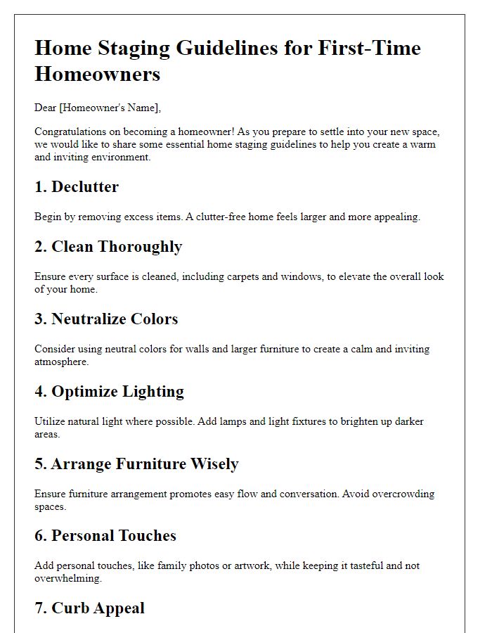 Letter template of home staging guidelines for first-time homeowners.