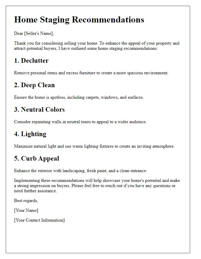 Letter template of home staging recommendations for potential sellers.