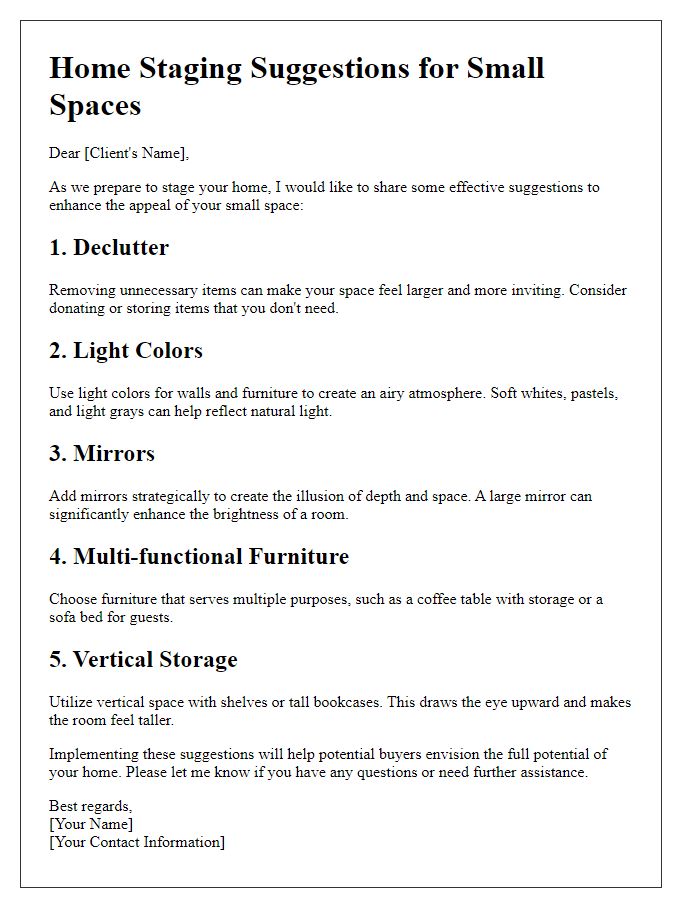 Letter template of home staging suggestions for small spaces.