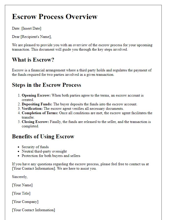 Letter template of Escrow Process Overview