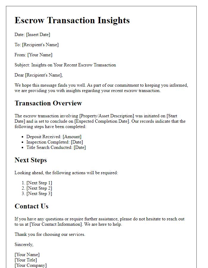 Letter template of Escrow Transaction Insights