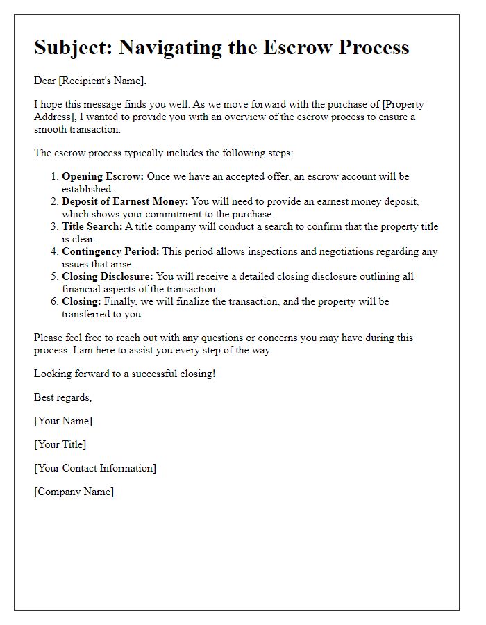 Letter template of Navigating the Escrow Process