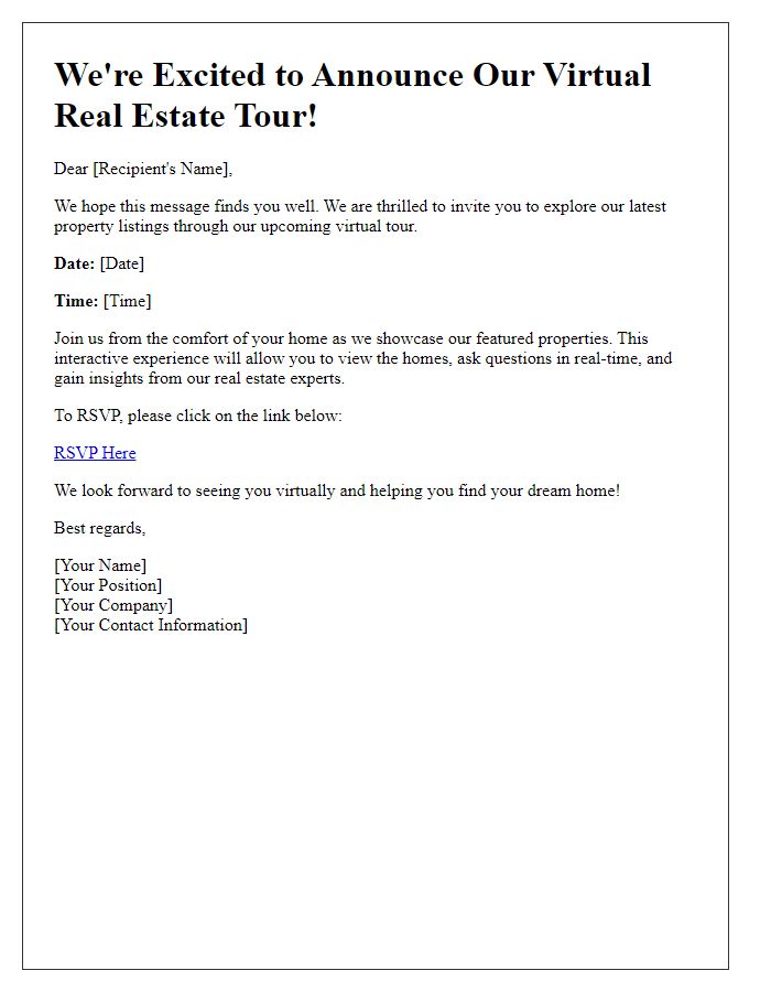 Letter template of virtual tour announcement for real estate.