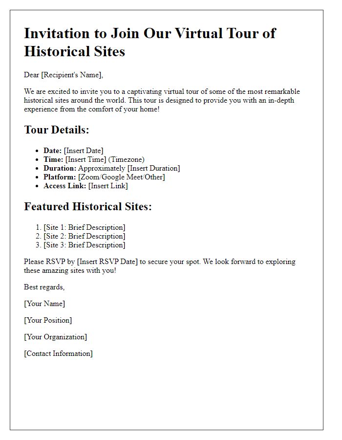 Letter template of virtual tour details for historical sites.