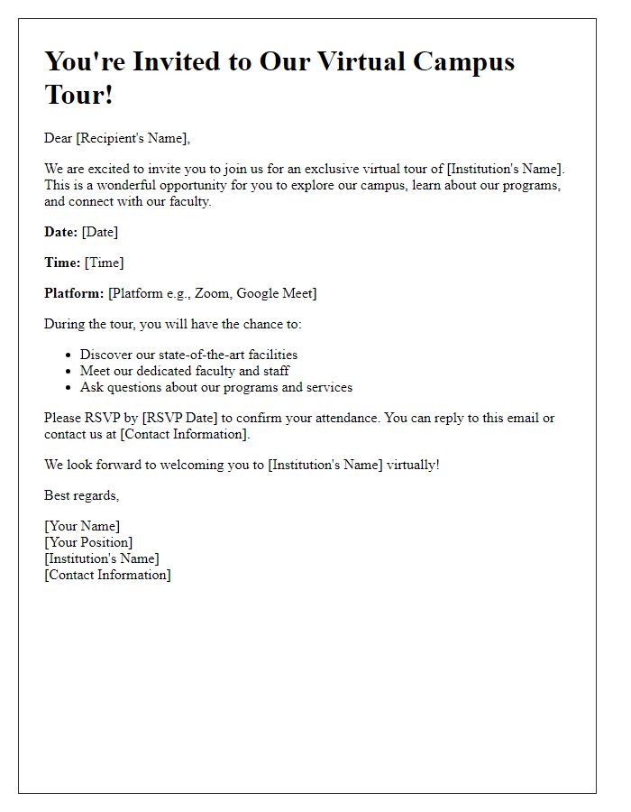 Letter template of virtual tour invitation for educational institutions.