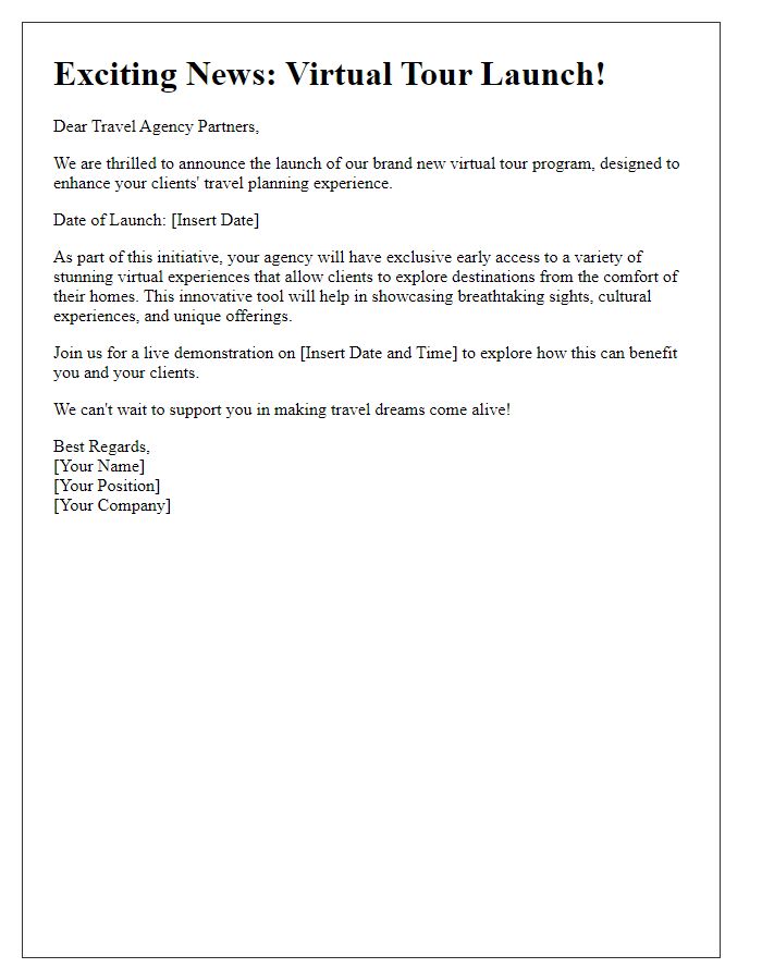 Letter template of virtual tour launch for travel agencies.