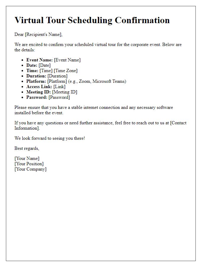 Letter template of virtual tour scheduling for corporate events.