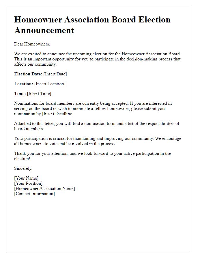 Letter template of Homeowner Association Board Election Announcement