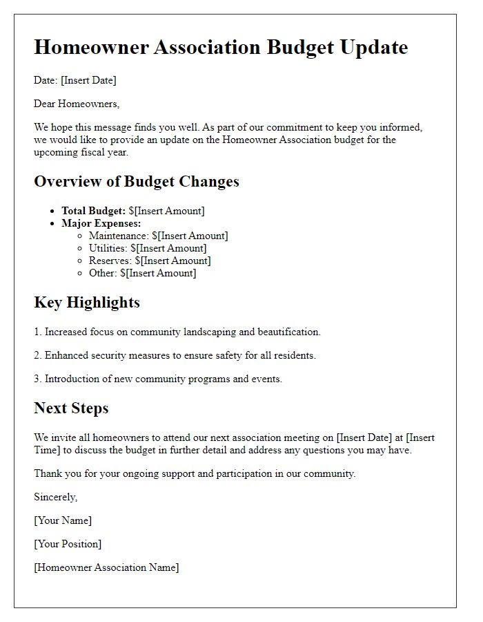 Letter template of Homeowner Association Budget Updates