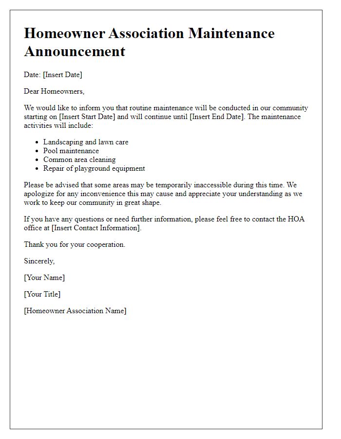 Letter template of Homeowner Association Maintenance Announcement